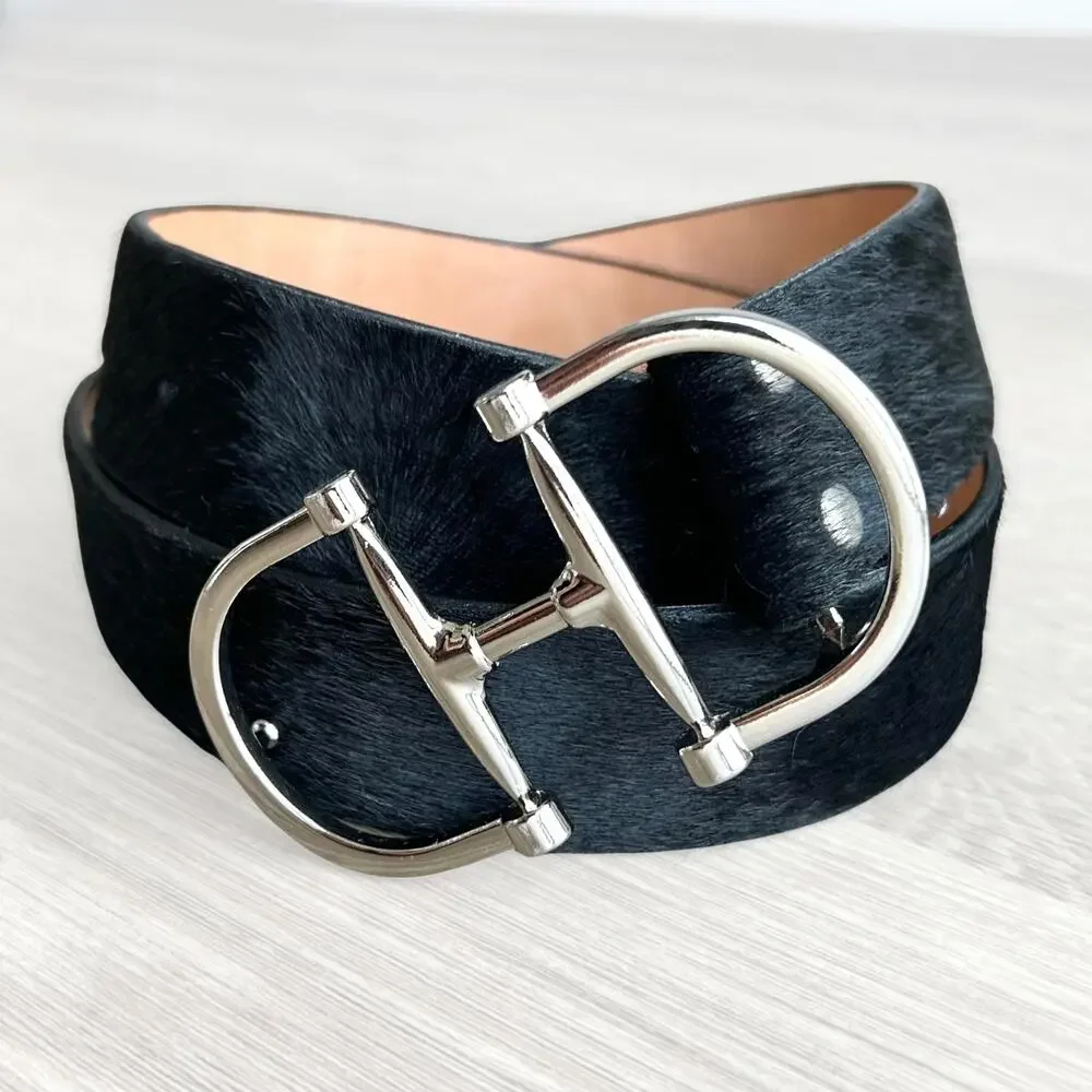 Brave Leather Kasi Hair-On Belt 32 Black Calf Hair Silver Equestrian Buckle EUC - Picture 1 of 13